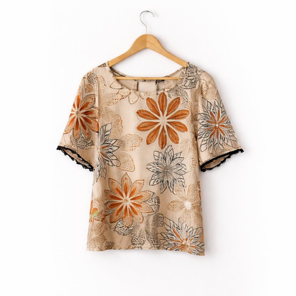 Bobeau Floral Boho Top S Beige Rust Rayon Blouse Lace Trim Cottagecore‎